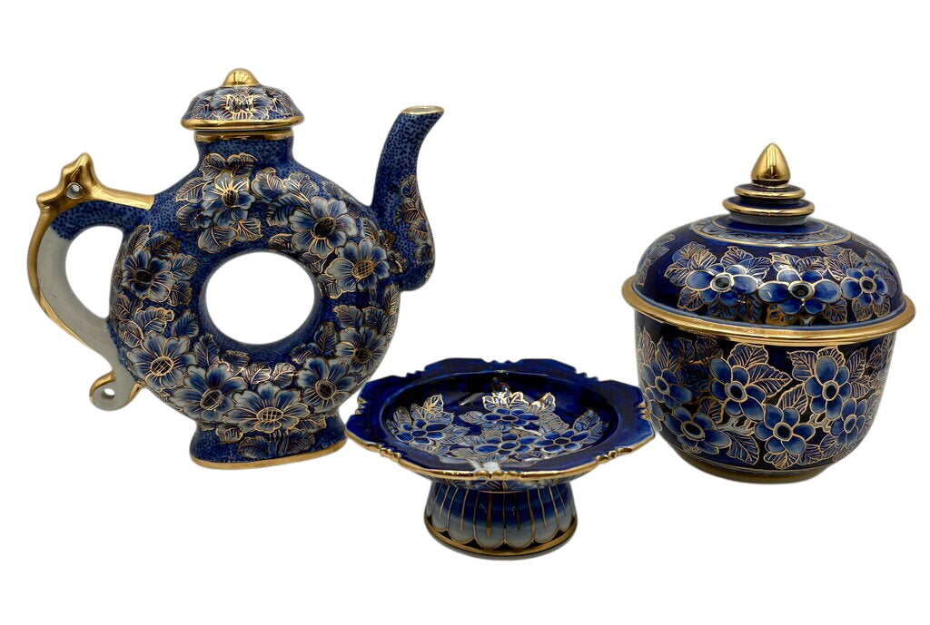 East Asian Style Royal Blue Gilt Floral Porcelain Set (5Pcs) by Miss Daisy's Consignment & Auction House