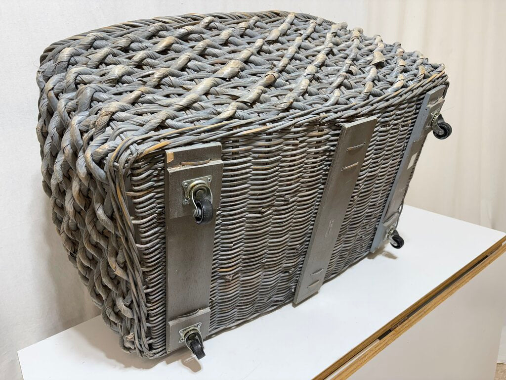 Gray Washed Wicker & Hyacinth Woven Utility Basket Cart w/ Casters