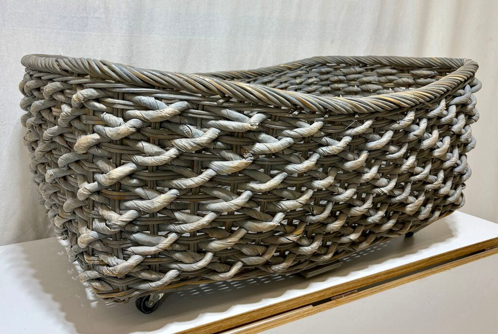 Gray Washed Wicker & Hyacinth Woven Utility Basket Cart w/ Casters