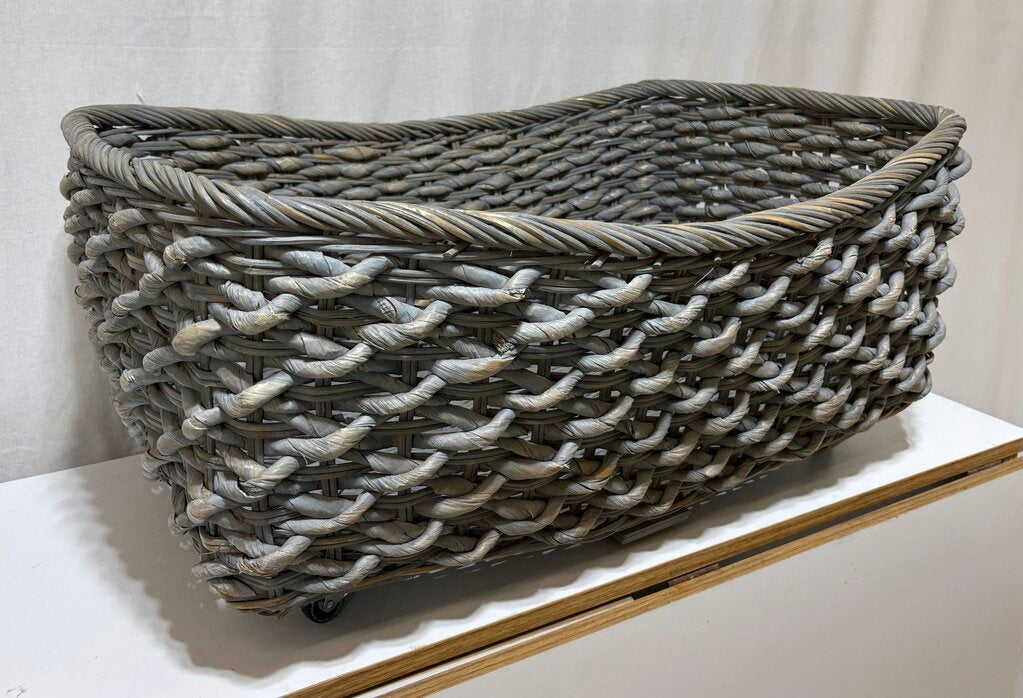 Gray Washed Wicker & Hyacinth Woven Utility Basket Cart w/ Casters