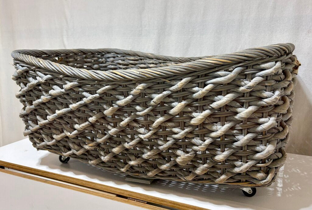 Gray Washed Wicker & Hyacinth Woven Utility Basket Cart w/ Casters