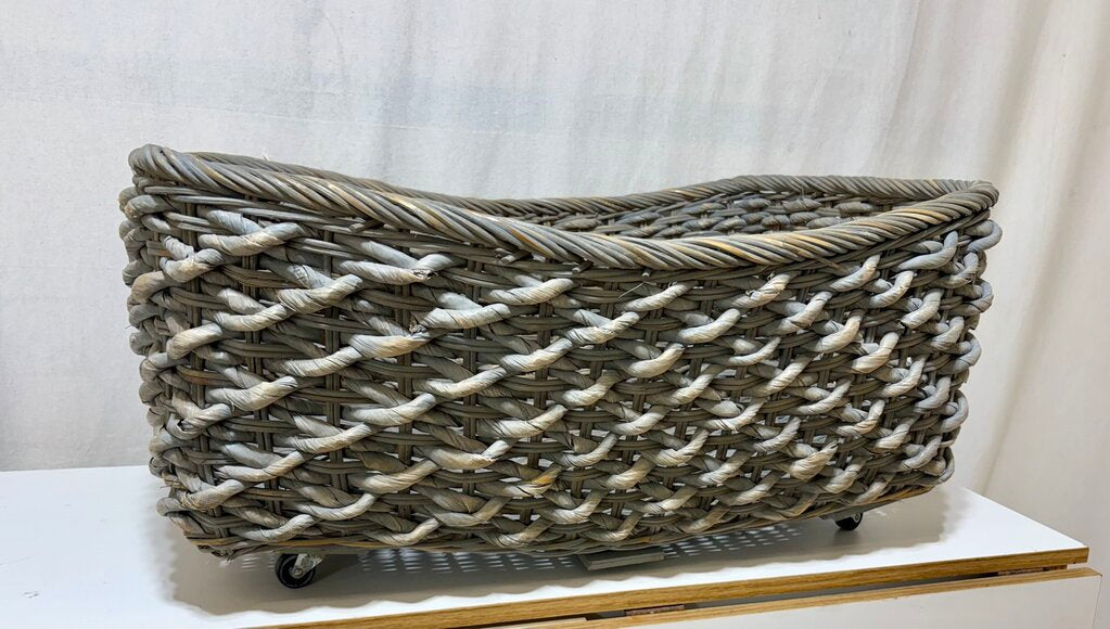 Gray Washed Wicker & Hyacinth Woven Utility Basket Cart w/ Casters