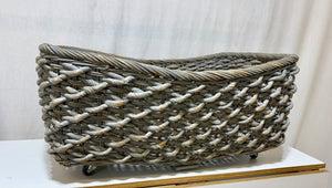 Gray Washed Wicker & Hyacinth Woven Utility Basket Cart w/ Casters