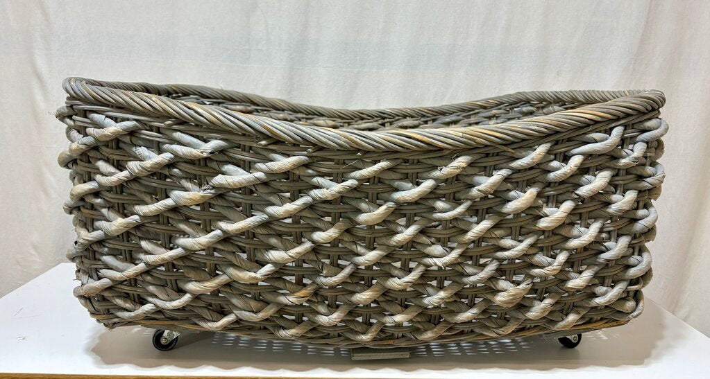 Gray Washed Wicker & Hyacinth Woven Utility Basket Cart w/ Casters