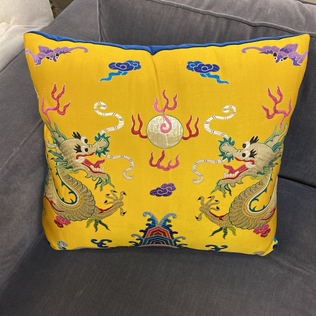 Custom Made Yellow Dragon/ Blue Velvet Pillow