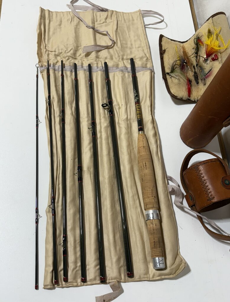 Vintage Hardy Fly Fishing Kit 7 Piece Rod in Leather Case w/ Dry Flies in Case (3Pcs)
