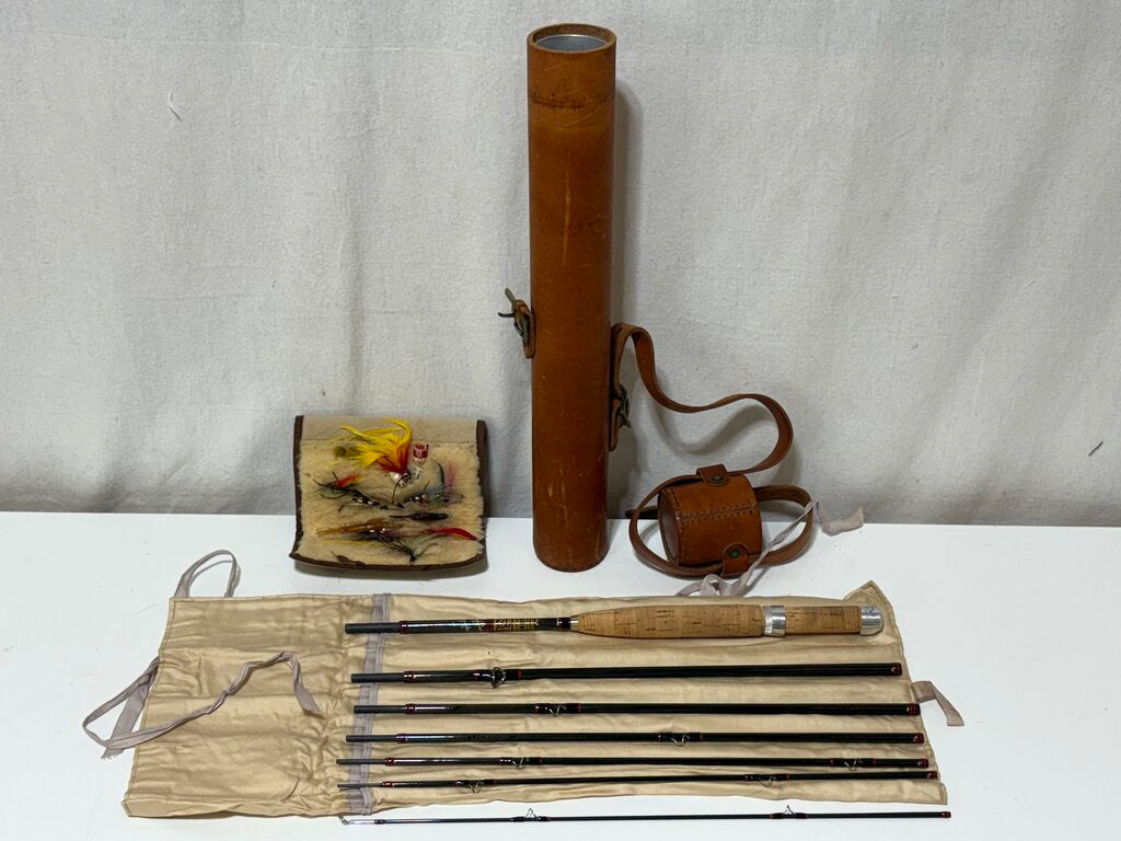 Vintage Hardy Fly Fishing Kit 7 Piece Rod in Leather Case w/ Dry Flies in Case (3Pcs)