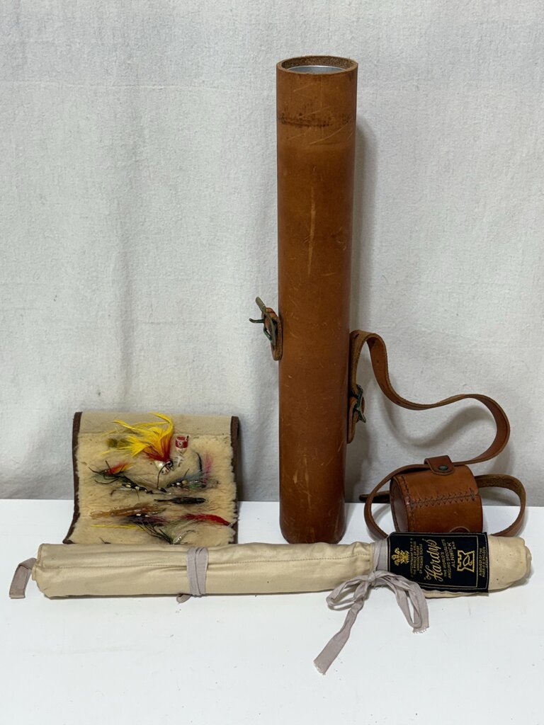 Vintage Hardy Fly Fishing Kit 7 Piece Rod in Leather Case w/ Dry Flies in Case (3Pcs)