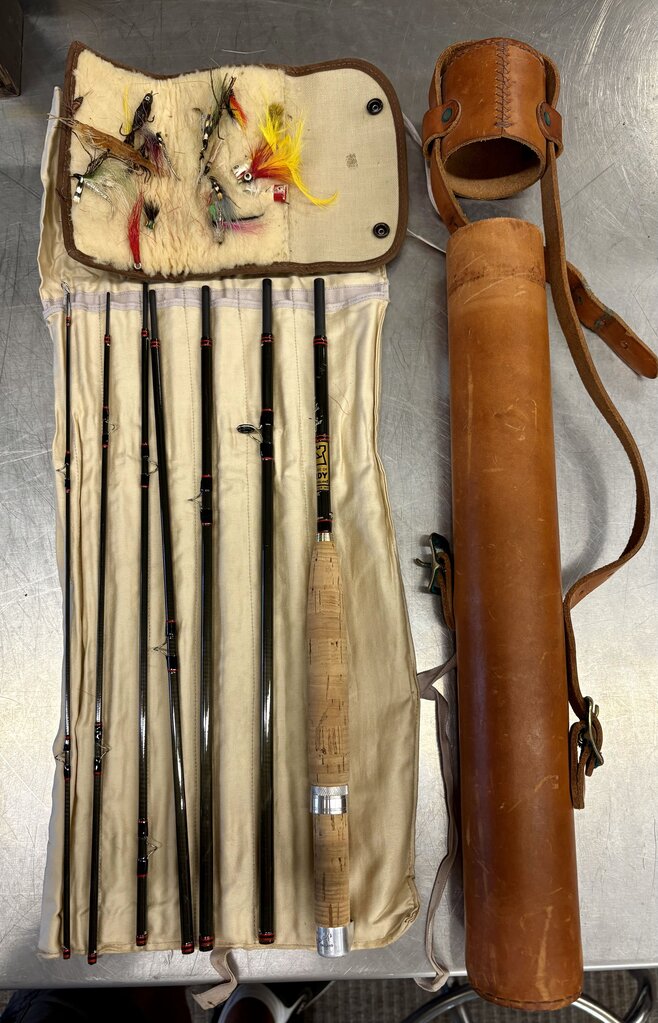 Vintage Hardy Fly Fishing Kit 7 Piece Rod in Leather Case w/ Dry Flies in Case (3Pcs)