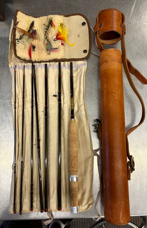 Vintage Hardy Fly Fishing Kit 7 Piece Rod in Leather Case w/ Dry Flies in Case (3Pcs)