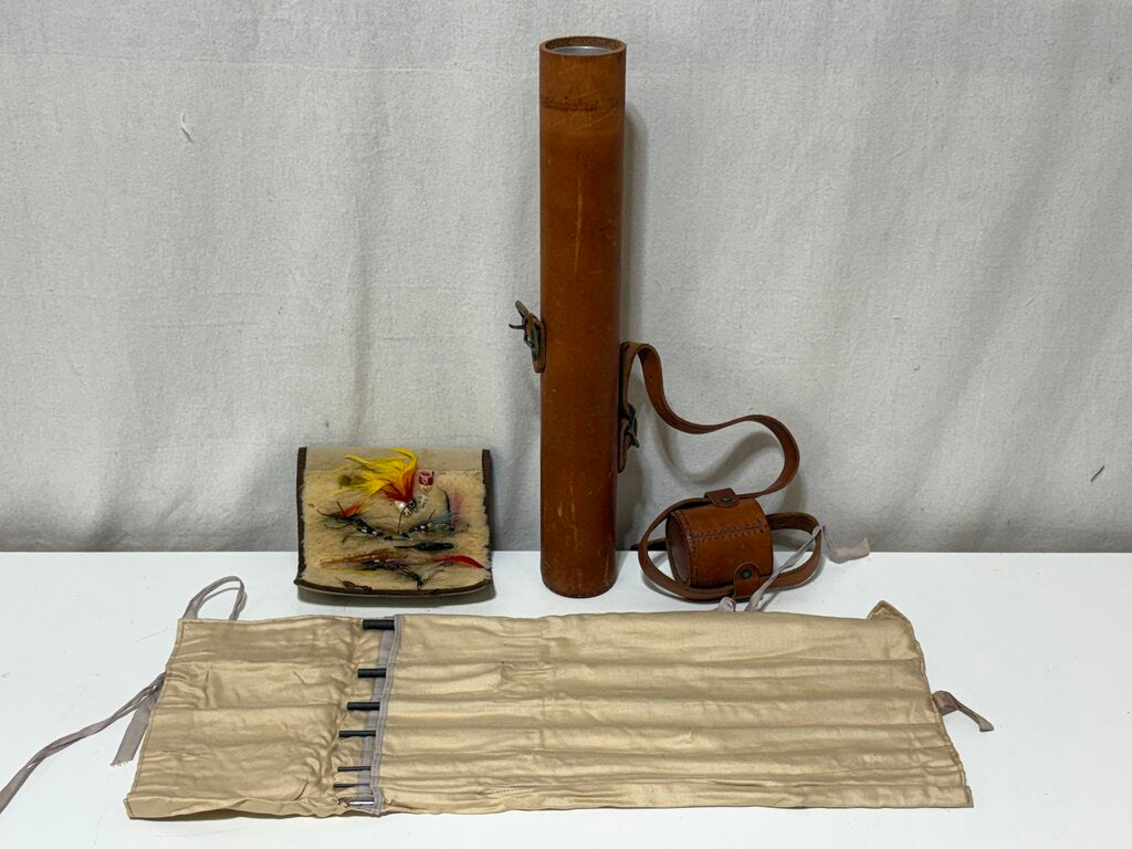 Vintage Hardy Fly Fishing Kit 7 Piece Rod in Leather Case w/ Dry Flies in Case (3Pcs)