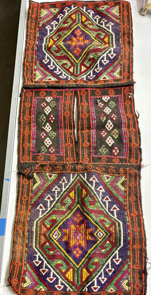 Vintage 1930's Turkish Kilim Vibrant Color Woven Wool Saddle Bag 52"