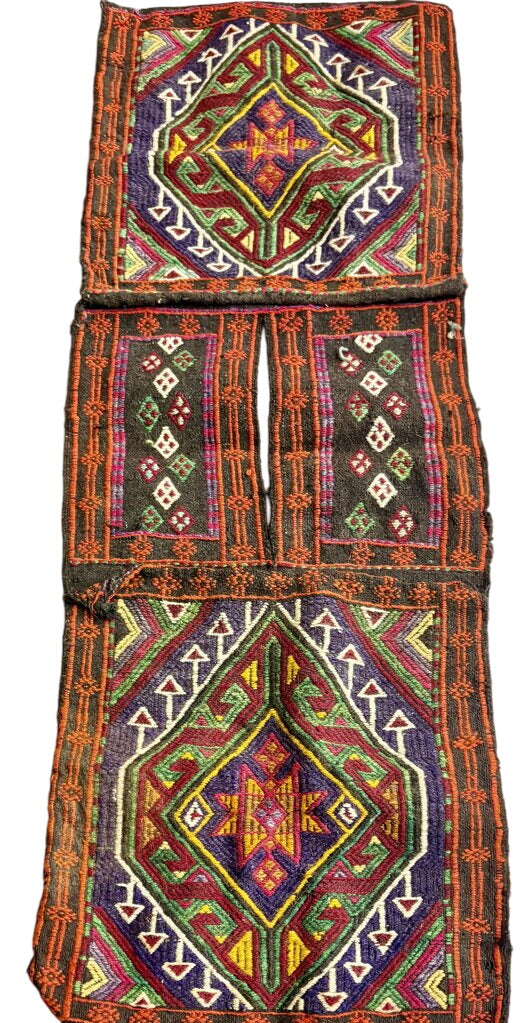Vintage 1930's Turkish Kilim Vibrant Color Woven Wool Saddle Bag 52" by Miss Daisy's Consignment & Auction House