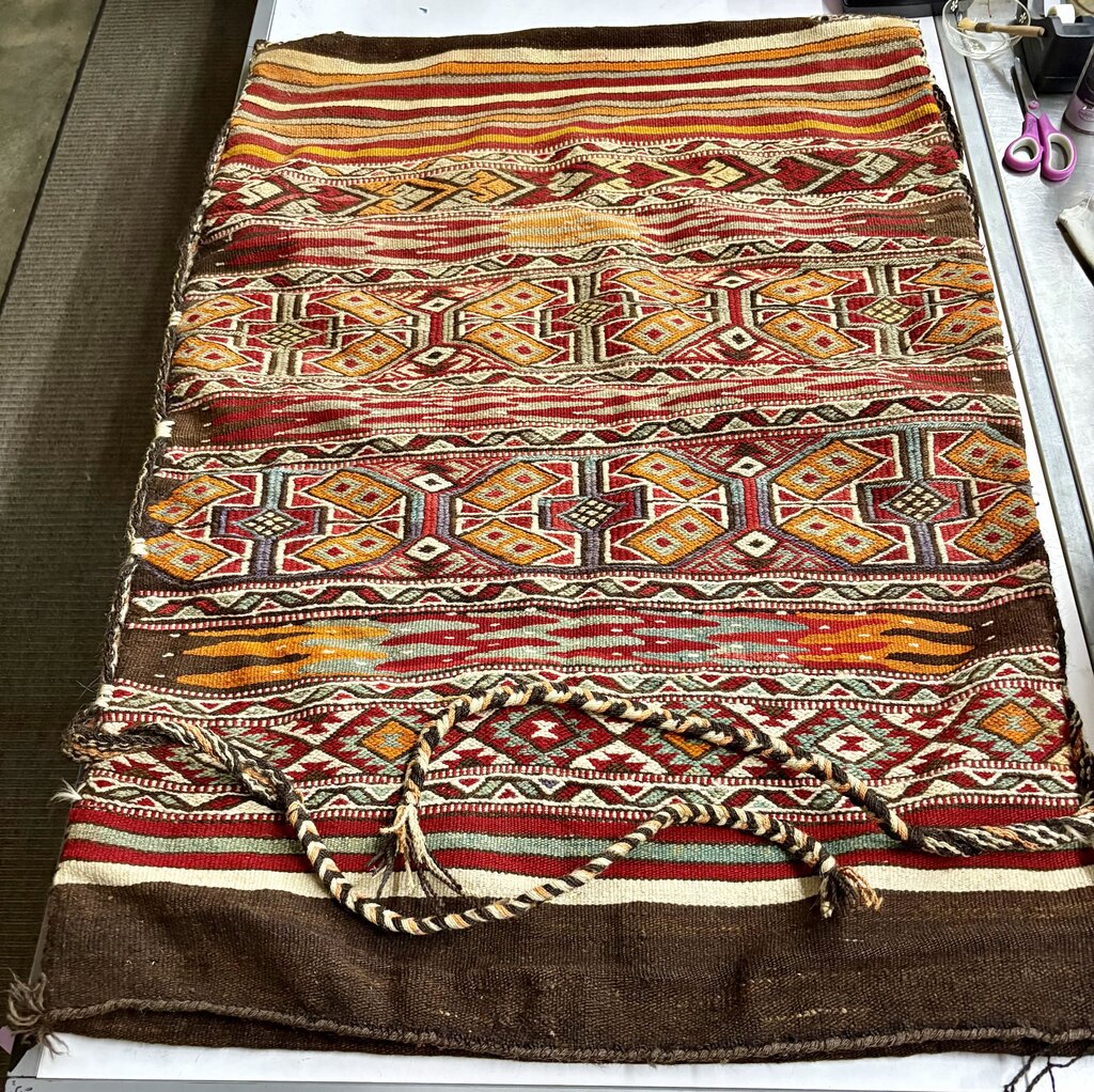 Vintage 1930's Turkish Kilim Vibrant Color Woven Wool Storage Bag 48.5"