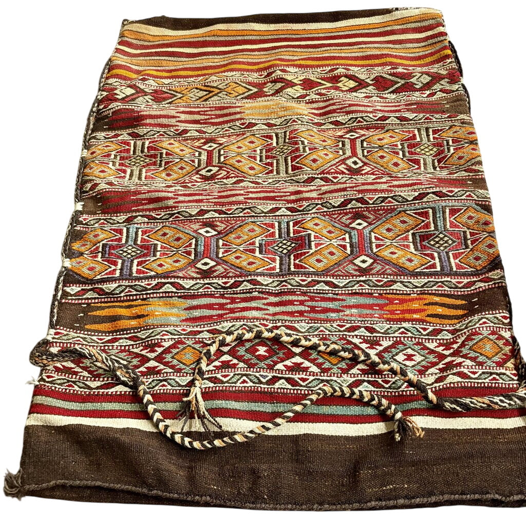 Vintage 1930's Turkish Kilim Vibrant Color Woven Wool Storage Bag 48.5" by Miss Daisy's Consignment & Auction House