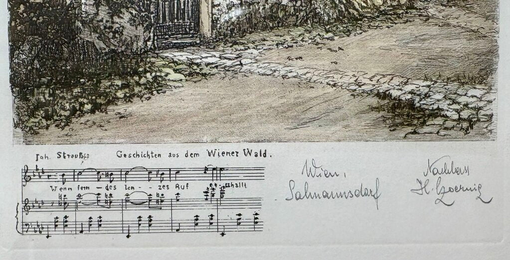 Herta Czoernig Gobanz "Johann Strauss Summer Home Near Vienna" Signed Hand Colored Etching w/ Cert on Back