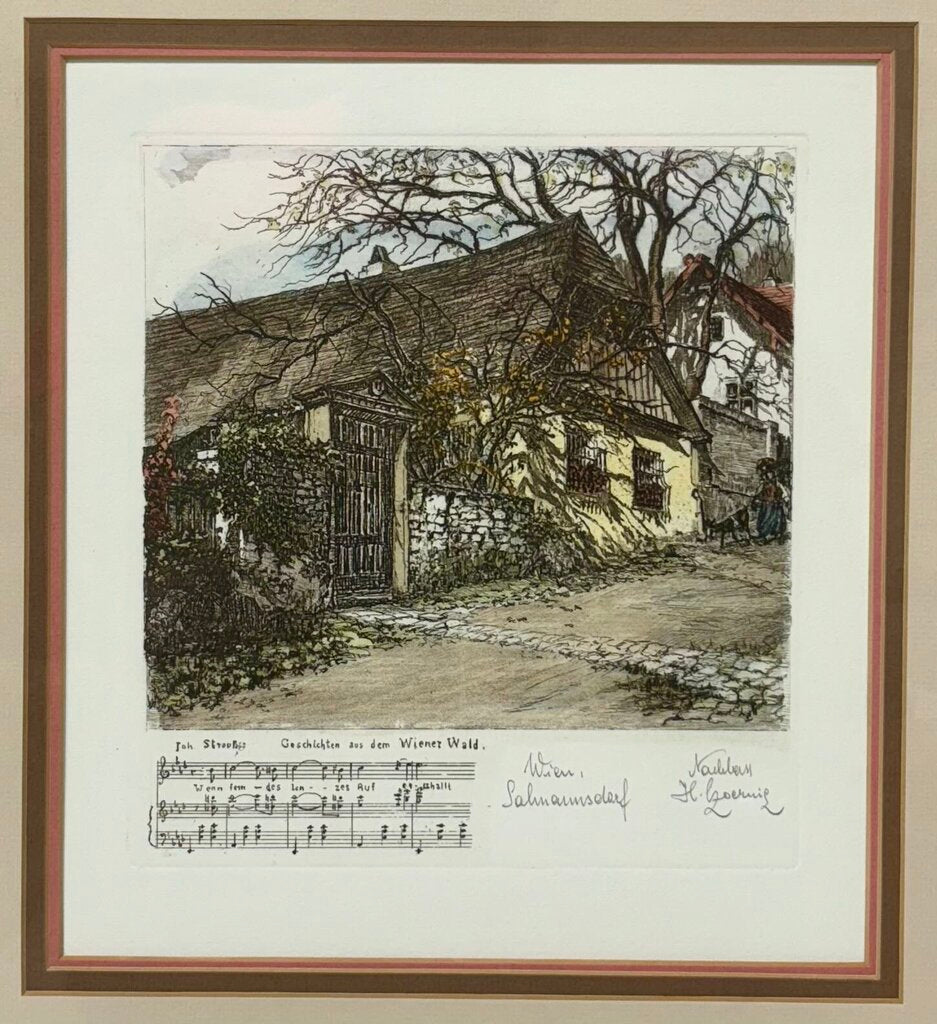 Herta Czoernig Gobanz "Johann Strauss Summer Home Near Vienna" Signed Hand Colored Etching w/ Cert on Back