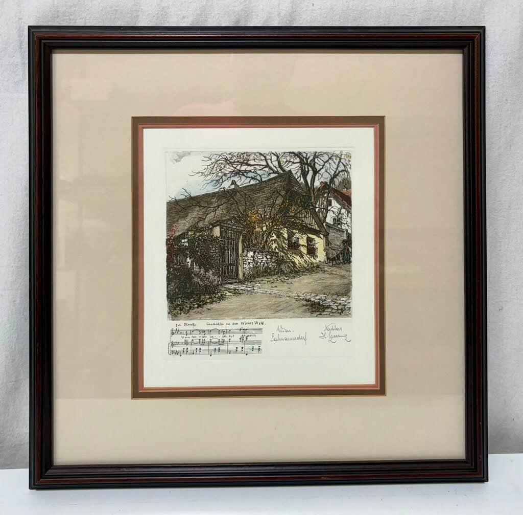 Herta Czoernig Gobanz "Johann Strauss Summer Home Near Vienna" Signed Hand Colored Etching w/ Cert on Back