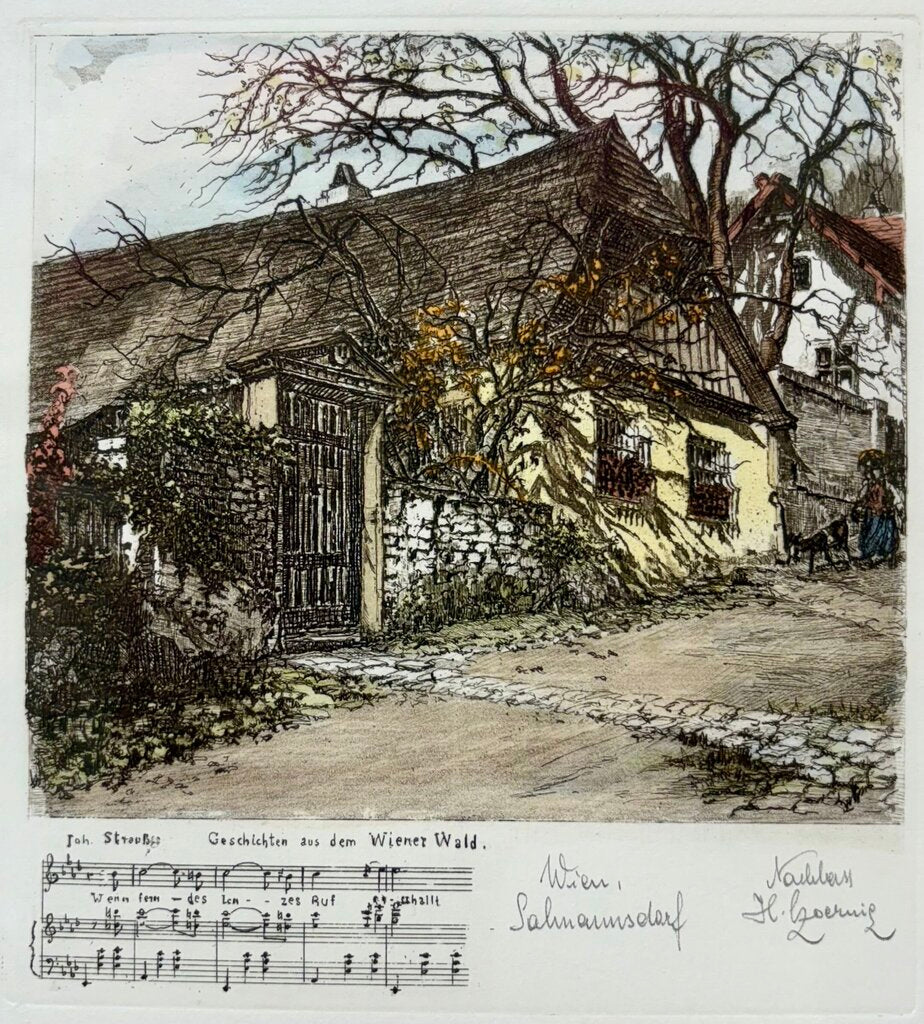 Herta Czoernig Gobanz "Johann Strauss Summer Home Near Vienna" Signed Hand Colored Etching w/ Cert on Back