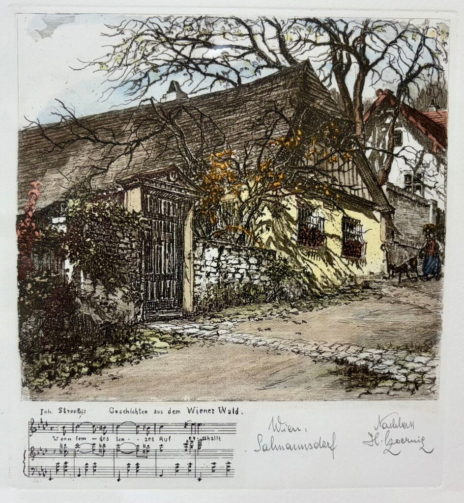 Herta Czoernig Gobanz "Johann Strauss Summer Home Near Vienna" Signed Hand Colored Etching w/ Cert on Back