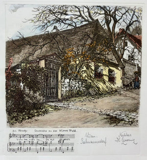 Herta Czoernig Gobanz "Johann Strauss Summer Home Near Vienna" Signed Hand Colored Etching w/ Cert on Back