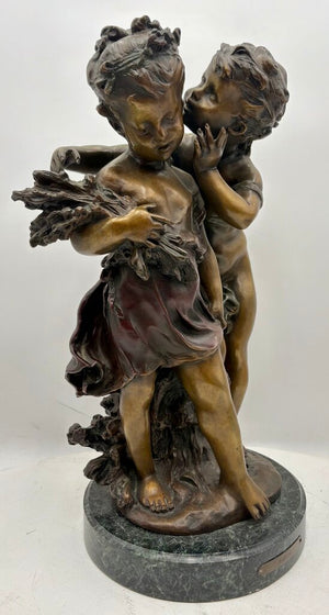 Late 19th C. Auguste Moreau "The Secret" Bronze Cast Sculpture Signed #10/100 Foundry Mark on Black Marble Base