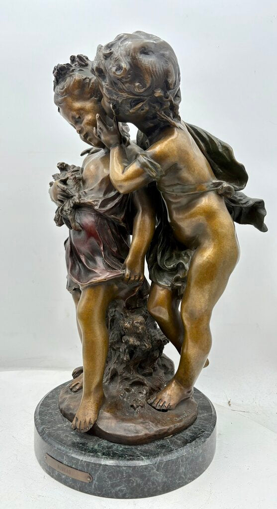 Late 19th C. Auguste Moreau "The Secret" Bronze Cast Sculpture Signed #10/100 Foundry Mark on Black Marble Base