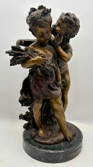 Late 19th C. Auguste Moreau "The Secret" Bronze Cast Sculpture Signed #10/100 Foundry Mark on Black Marble Base