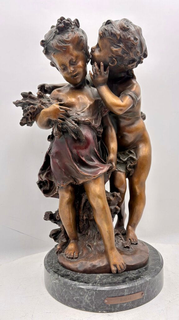Late 19th C. Auguste Moreau "The Secret" Bronze Cast Sculpture Signed #10/100 Foundry Mark on Black Marble Base