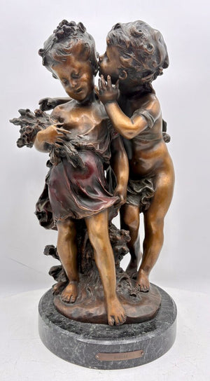 Late 19th C. Auguste Moreau "The Secret" Bronze Cast Sculpture Signed #10/100 Foundry Mark on Black Marble Base