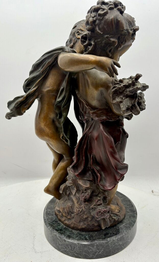 Late 19th C. Auguste Moreau "The Secret" Bronze Cast Sculpture Signed #10/100 Foundry Mark on Black Marble Base
