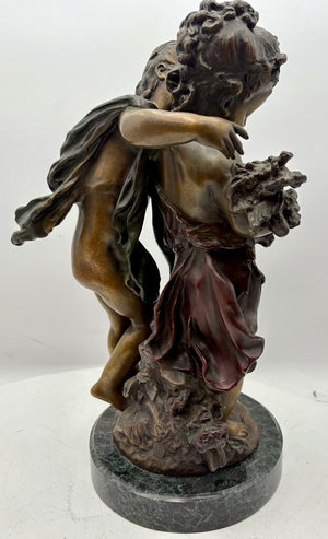 Late 19th C. Auguste Moreau "The Secret" Bronze Cast Sculpture Signed #10/100 Foundry Mark on Black Marble Base