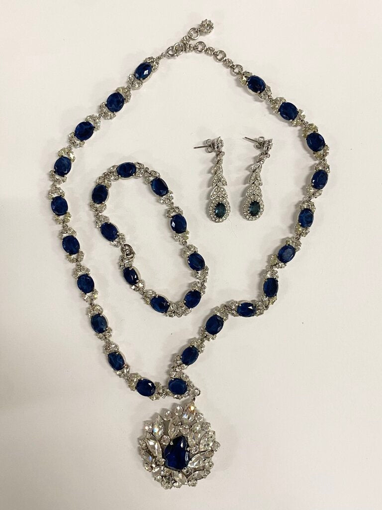 Faux Sapphire & Silver Necklace, Bracelet & Earrings