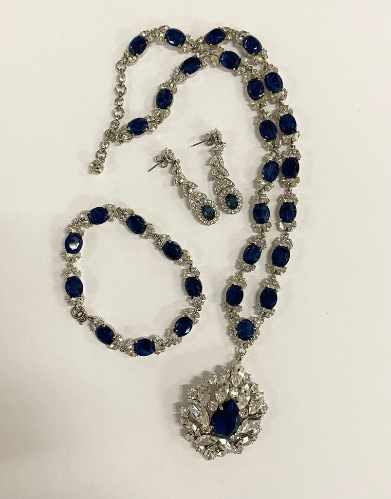 Faux Sapphire & Silver Necklace, Bracelet & Earrings