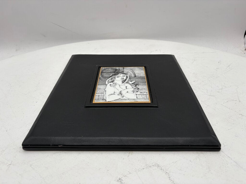 Hollohaza Hungary Endre Szasz "Girl with a Flower" Gilt Porcelain Tile Leather Bound Wall Decor