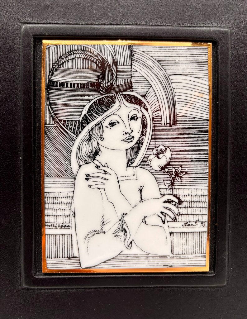 Hollohaza Hungary Endre Szasz "Girl with a Flower" Gilt Porcelain Tile Leather Bound Wall Decor