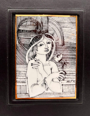 Hollohaza Hungary Endre Szasz "Girl with a Flower" Gilt Porcelain Tile Leather Bound Wall Decor
