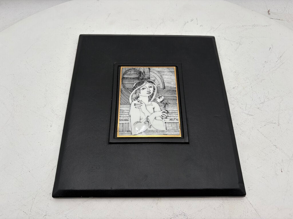 Hollohaza Hungary Endre Szasz "Girl with a Flower" Gilt Porcelain Tile Leather Bound Wall Decor