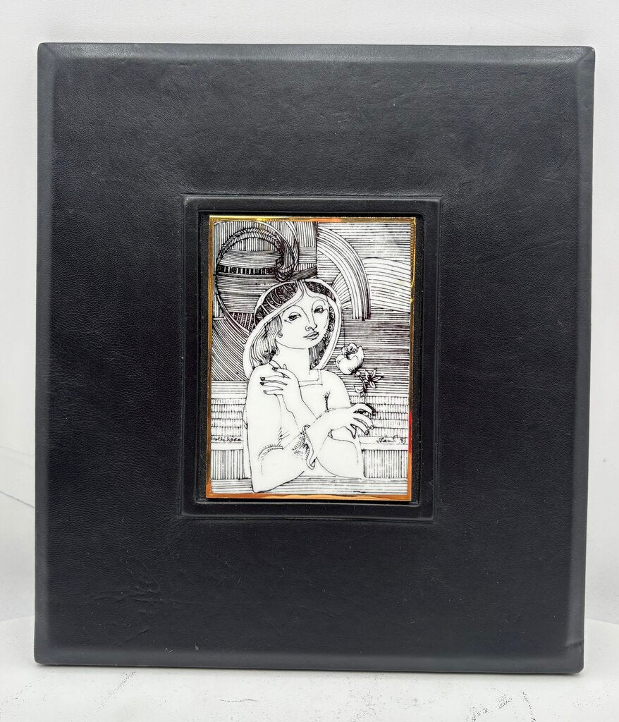 Hollohaza Hungary Endre Szasz "Girl with a Flower" Gilt Porcelain Tile Leather Bound Wall Decor