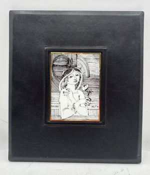 Hollohaza Hungary Endre Szasz "Girl with a Flower" Gilt Porcelain Tile Leather Bound Wall Decor