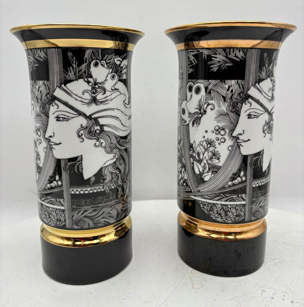 Hollohaza Hungary Endre Szasz "Woman & Butterflies" Gilt Porcelain Vase 10"