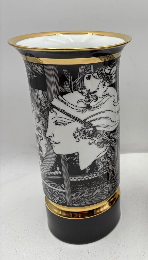Hollohaza Hungary Endre Szasz "Woman & Butterflies" Gilt Porcelain Vase 10"