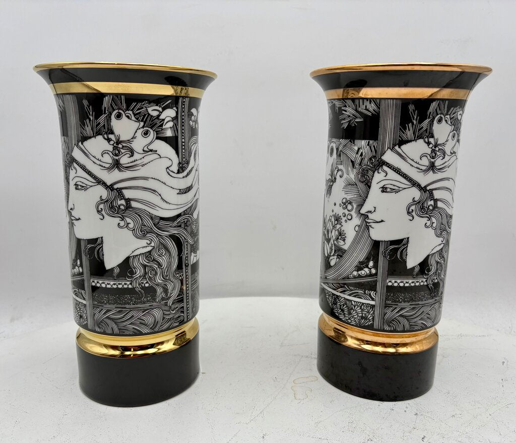 Hollohaza Hungary Endre Szasz "Woman & Butterflies" Gilt Porcelain Vase 10"