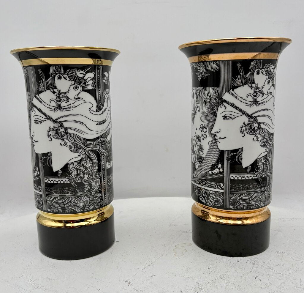 Hollohaza Hungary Endre Szasz "Woman & Butterflies" Gilt Porcelain Vase 10"