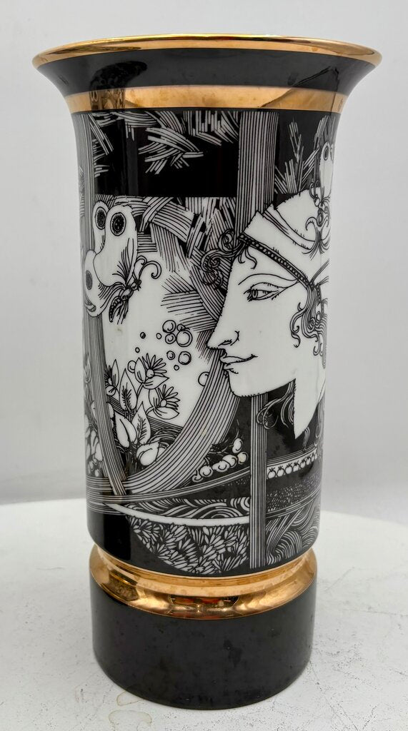 Hollohaza Hungary Endre Szasz "Woman & Butterflies" Gilt Porcelain Vase 10"
