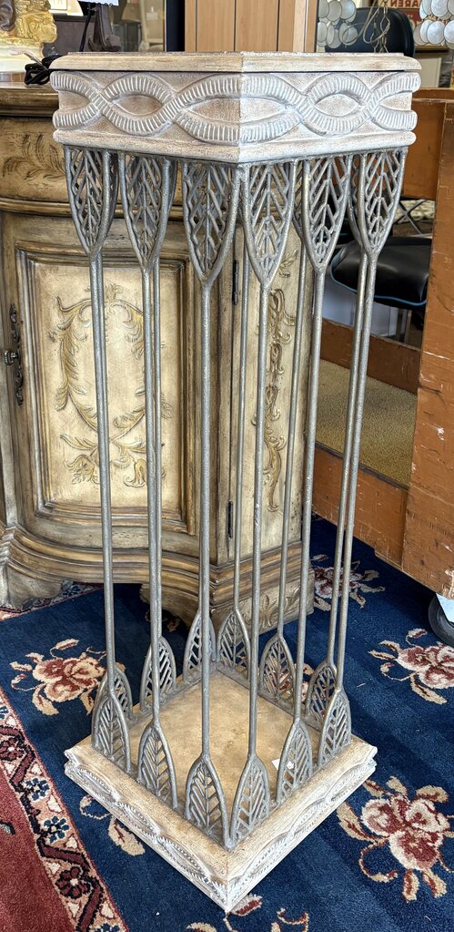 White Washed Wood & Wrought Iron Hinged Lid Planter Stand 42"