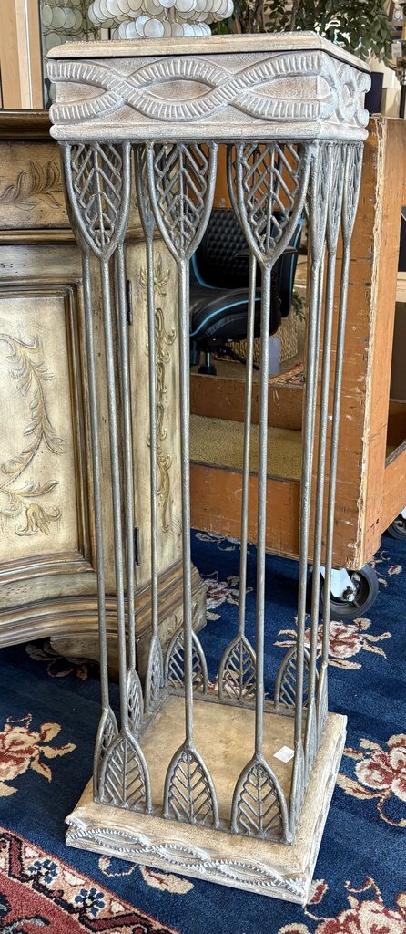 White Washed Wood & Wrought Iron Hinged Lid Planter Stand 42"
