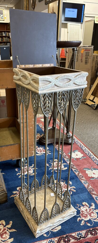 White Washed Wood & Wrought Iron Hinged Lid Planter Stand 42"