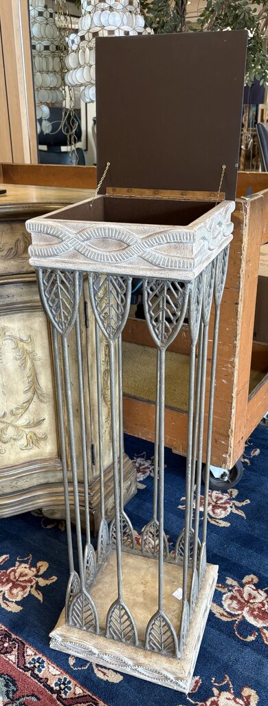 White Washed Wood & Wrought Iron Hinged Lid Planter Stand 42"