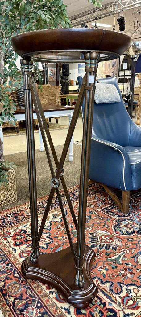 Maitland Smith French Directoire Style Leather Nailhead Metal & Glass Plant Stand 47.5"